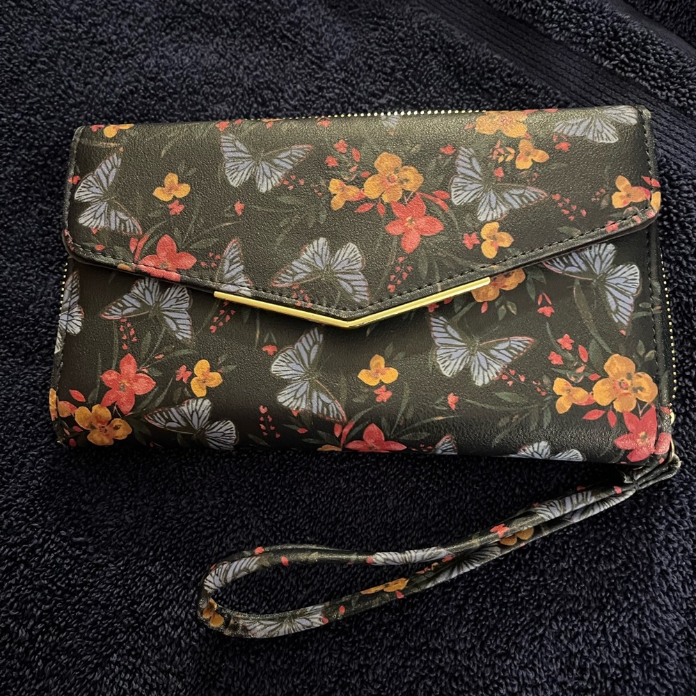 Butterfly Floral Black Wristlet Clutch